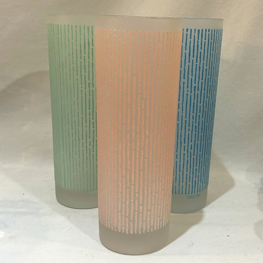 Set of 3 VTG Tastesetter Juice Glass Tumblers Blue Green Pink Stripes Icicles
